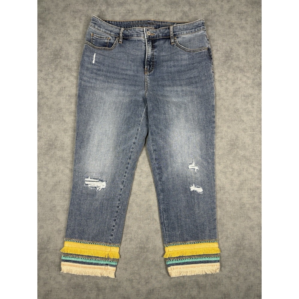 Chico's So Slimming Girlfriend Crop Jeans Women's 1.5 US 10 Fringe Distressed